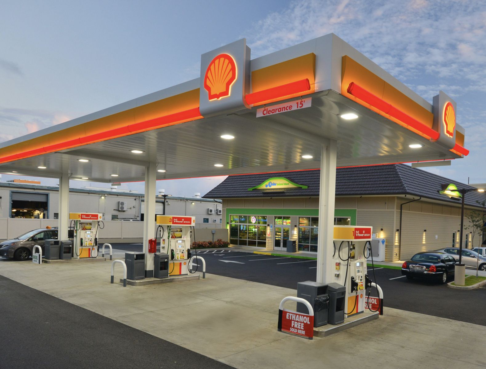 Shell station gas pumps and storefront
